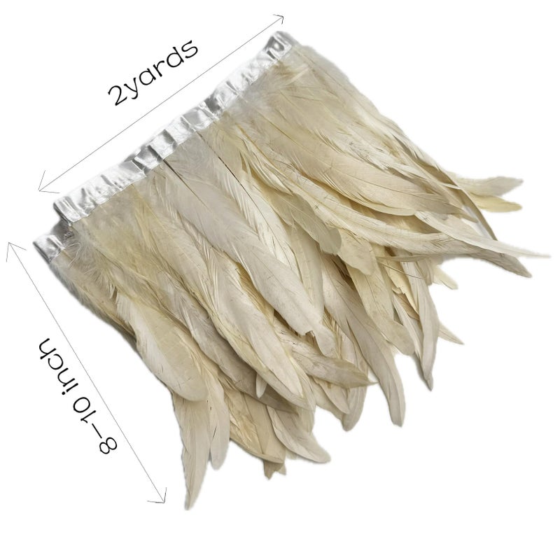 HAPPY FEATHER 2 Yards 8-10" Rooster Hackle Feather Fringe Trim, Sewing Craft Feather for DIY Decorations-Off White - Image 2